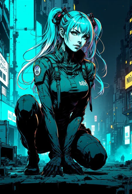 nvinkpunk, cyan and black theme, This is a digital artwork in the style of ckgr, hatsune miku on stage, vibrant, dynamic