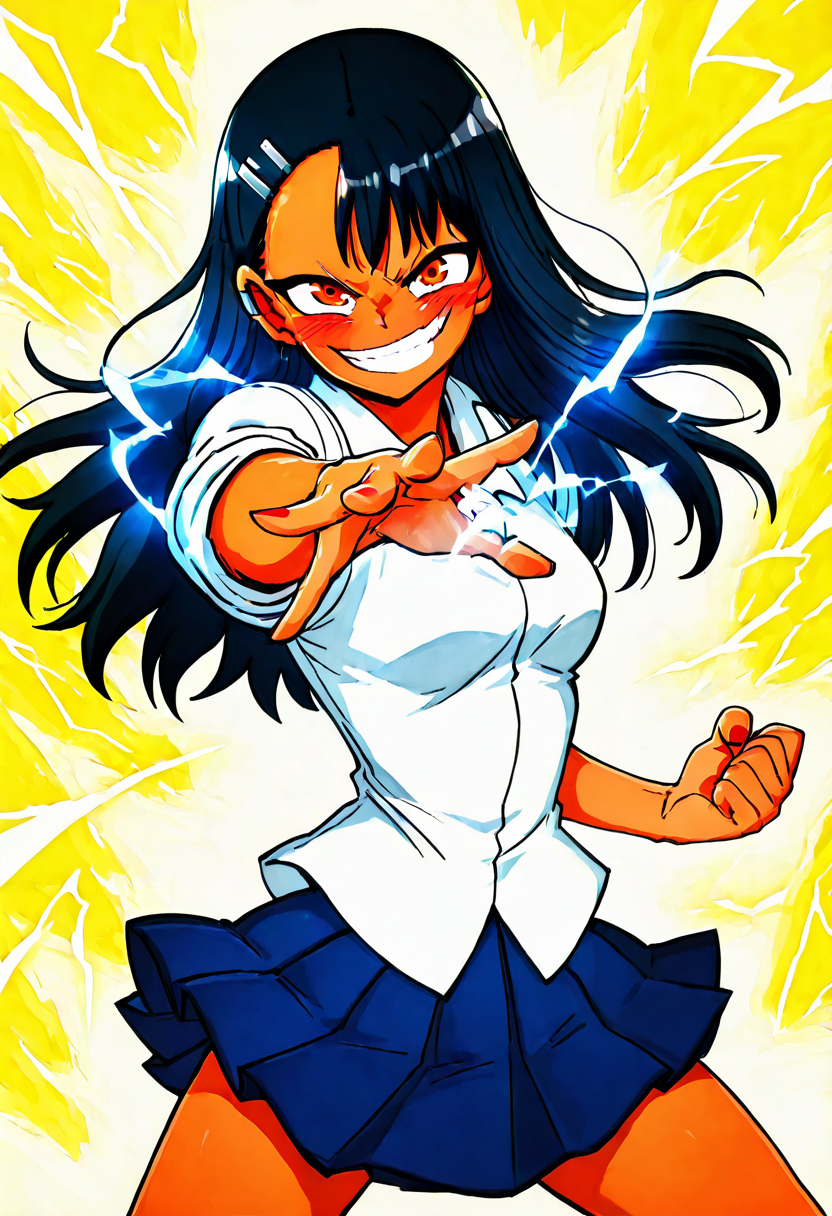masterpiece, best quality, medium breasts, (curvy),   BREAK, zzNagatoro,  skirt, shirt, school uniform, white shirt, pleated skirt, nail polish, blue skirt, red nails, earclip, <lora:NagatoroNAI:1.0>,smile, looking at viewer, cowboy shot,  aura, energy, electricity, dynamic pose, foreshortening,  <lora:EnergyCAT_NAI:0.8>,