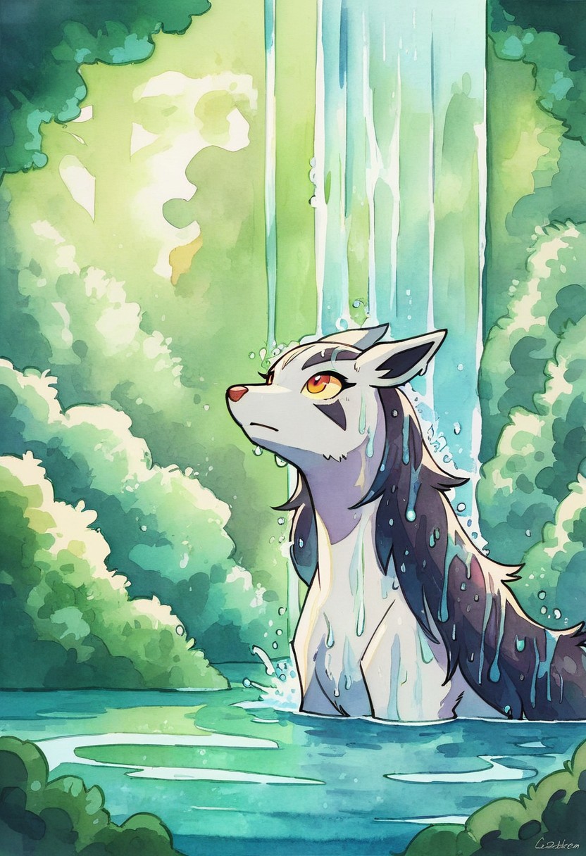 score_9, score_8_up, score_7_up, ((best quality)), absurdres, (feral), female, 1girl, fuzz, fuzzy, furry, fur, Smooth, Anime, Expressiveh, mightyena, (pokemon \(creature\):1), solo, forest, watercolor, watercolour, shower, wet, wet hair, submerged, water, under waterfall, stream, looking up, wide-eyed, narrowed eyes, raised head, splash