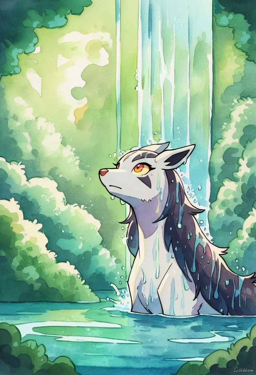 score_9, score_8_up, score_7_up, ((best quality)), absurdres, (feral), female, 1girl, fuzz, fuzzy, furry, fur, Smooth, Anime, Expressiveh, mightyena, (pokemon \(creature\):1), solo, forest, watercolor, watercolour, shower, wet, wet hair, submerged, water, under waterfall, stream, looking up, wide-eyed, narrowed eyes, raised head, splash