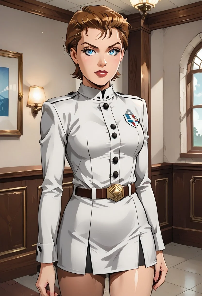 1girl,solo,brown hair,short hair,blue eyes,white uniform,skirt,belt,inside,medium breast,pantyhouse,