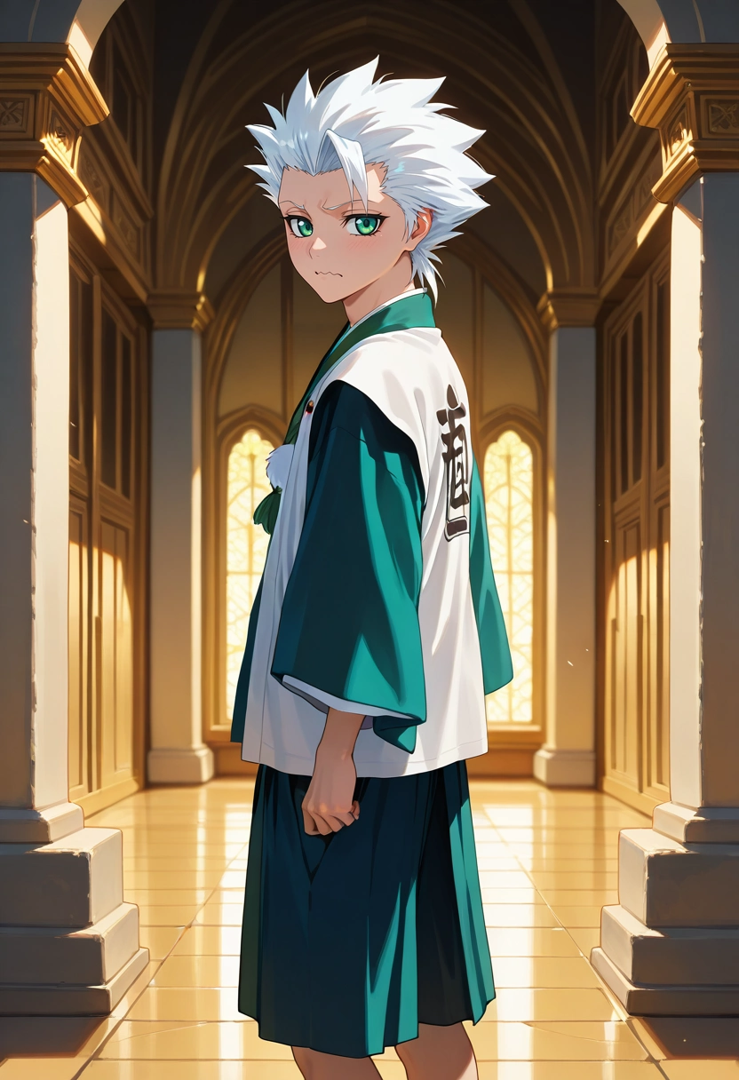 masterpiece, best quality, , (photorealistic:0.6), looking at viewer, , 1boy, solo, male focus, <lora:toushirou_hitsugaya_ilxl:1>, toushirou_hitsugaya, white hair, green eyes, spiked hair, , japanese clothes, haori. , , from side, palace, noon, knees together feet apart, wavy mouth, closed mouth, Cropped chinos, Corduroy Zip-up track jacket, , ,