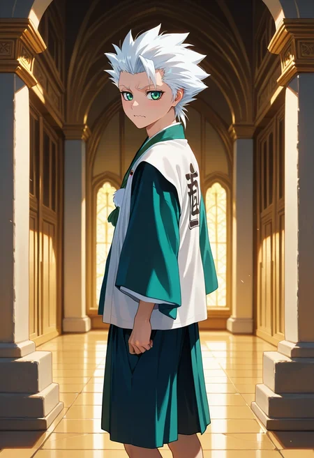 masterpiece, best quality, , (photorealistic:0.6), looking at viewer, , 1boy, solo, male focus, <lora:toushirou_hitsugaya_ilxl:1>, toushirou_hitsugaya, white hair, green eyes, spiked hair, , japanese clothes, haori. , , from side, palace, noon, knees together feet apart, wavy mouth, closed mouth, Cropped chinos, Corduroy Zip-up track jacket, , ,