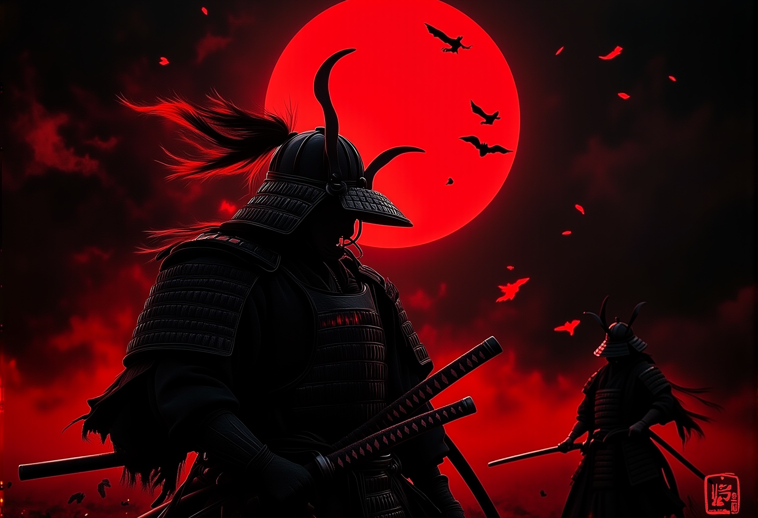 . A close-up shot of a male Samurai engaged in a duel under a blood-red moon wearing traditional black armor with intricate red details, with a blood-red moon in the background. The atmosphere is dark and foreboding, with splashes of red accents blending into the scene., <lora:bv-crimson-ronin-style-v1.safetensors:1.0:1.0>