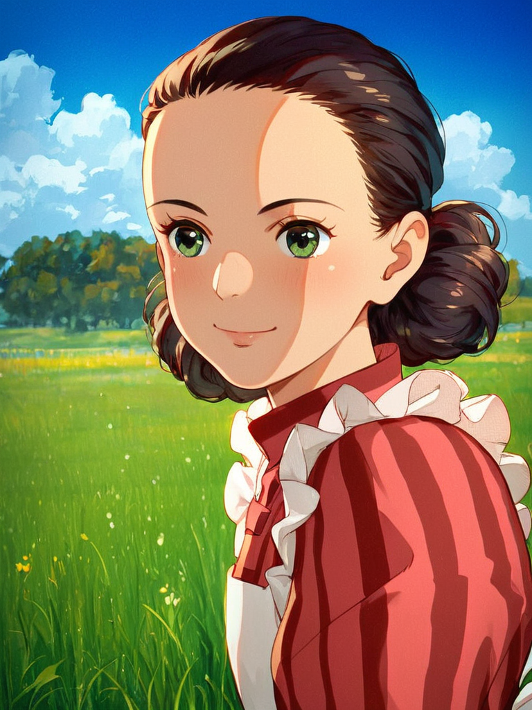 score_9, score_8_up, score_7_up, score_6_up, score_5_up, score_4_up, highest quality, intricately detailed, masterpiece
,detailed textures, realistic lighting, perfect detailed face, perfect detailed body
.[Main:0    ] young girl
.[Photo:0  ] full body visible
.[Action:0 ] standing
.[Details:0]
.[Body:0   ]
.[Cloth:0   ] dress, apron, puffy shoulders
.[Hair:0     ] dark hair
.[Face:0     ] forehead, slightly green eyes
.[Expres:0 ] kind smile
.[Seting:0  ] green field, blue sky
<lora:Hand v2:1> <lora:PerfectEyesXL:1> <lora:foot feet v1:1> <lora:Himi_The_Boy_and_the_Heron_Studio_Ghibli:1>