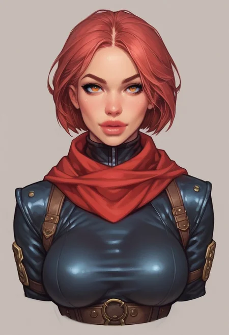 ((front view)))
A pale skinned red hair girl, dressed in grimy and worn-out clothes, she stands in a dimly lit (underground base:1.5). Her body is adorned with white latex garments with red accents/details, including a complex design bodysuit, (((a red scarf tied around her neck))), and several white belts, white harnesses, and white holsters for her tactical equipment. Her attire is accented with red, crop jacket. Looking at viewer, confident cute pose, shiny reflective eyes.
(((full-clothed))),
BREAK
strange world background score_9, score_8_up, score_7_up, score_6_up, source_cartoon, rating_explicit, Expressiveh, (((((Upper body, full body))))), dynamic pose