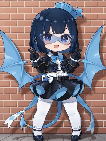 evil twin lil-la, phantom thief, 1girl, solo, smile, chibi, full body, open mouth, white pantyhose, looking at viewer, :d, ear piercing, black gloves, blue-tinted eyewear, standing, blue bowtie, white frilled shirt, blue demon tail, blue demon wings, black frilled skirt, black jacket, black high heel boots, blue mini hat,double v, brick wall,
masterpiece,best quality,amazing quality,very aesthetic,absurdres,newest,<lora:Evil Twin illuXL v1:0.7>,