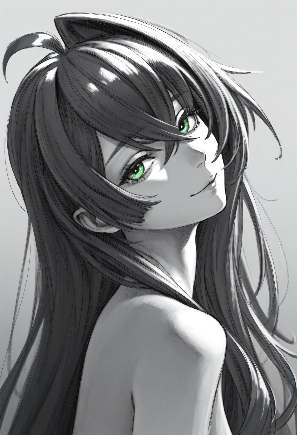 <lora:SketchArt_Epoch_10:1.0>, greyscale, monochrome, sk3tch, looking at viewer, from side, head tilt, light_smile, green eyes, purple hair, long hair, ahoge, crossed bangs, single sidelock, single hair intake, very awa, masterpiece, best quality, highres, absurdres