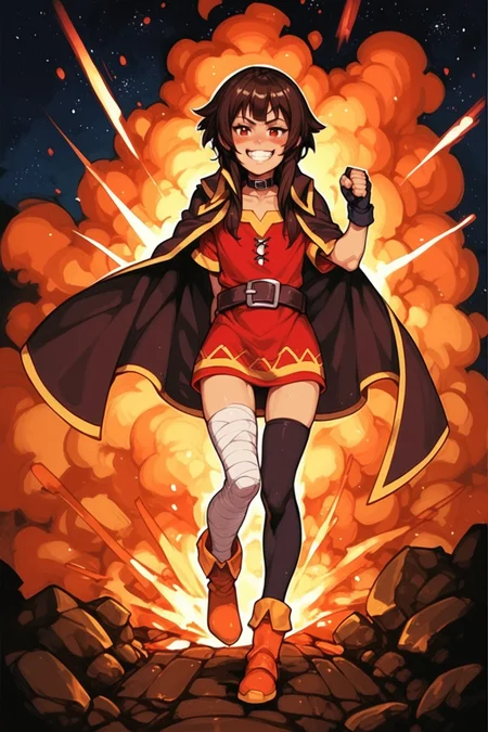 1girl, thighhighs, gloves, fingerless gloves, bandages, solo, explosion, smile, bandaged leg, red dress, dress, short hair with long locks, black thighhighs, red eyes, cape, single thighhigh, outdoors, grin, boots, night, black gloves, belt, star \(sky\), looking at viewer, sky, full body, asymmetrical legwear, short hair, orange footwear, blush, clenched hands, starry sky, standing, night sky, brown hair, black hair, choker, black choker, teeth, megumin, zPDXL3, detailxl, Score_PnyReal