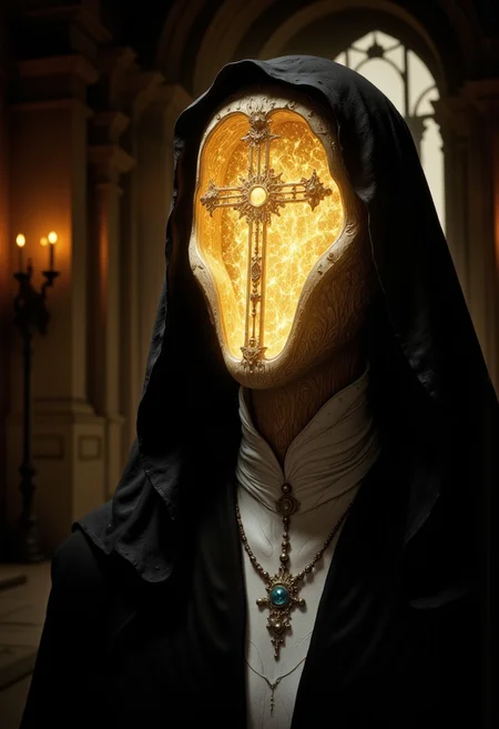 A close-up surreal portrait of a gothic nun, dressed in an ornate black and white habit, standing solemnly in a dark, shadowy environment. Her body posture is perfectly still, her hands are behind her back and her head is a hollow, featureless piece of carved wood, shaped into a smooth, rounded form without facial features. In the center of the wooden head, there is a prominent cross-shaped cutout, its edges smooth and precise, creating a clean geometric void where the face should be. From within the hollow head, a golden light glows softly, its rays streaming through the cross-shaped cutout, casting narrow beams of light into the darkness. The light is warm and ethereal, creating a holy, almost divine aura around her head, illuminating the inner wooden textures with a subtle golden glow as she looks slightly upwards and to the right. The rays of light extend outward in delicate, narrow lines, piercing through the darkness and illuminating tiny dust particles floating in the air, giving the scene a dreamlike, mystical atmosphere. The wooden head is smooth and polished, reflecting the golden light faintly along its curved surface. The cross-shaped cutout is the only break in the perfect wooden form, drawing the viewer’s focus to the emptiness within. The background is dark and minimalistic, with the faint outlines of ancient stone arches, reminiscent of a Gothic cathedral, barely visible in the shadows. The distant silhouettes of candles flicker dimly.