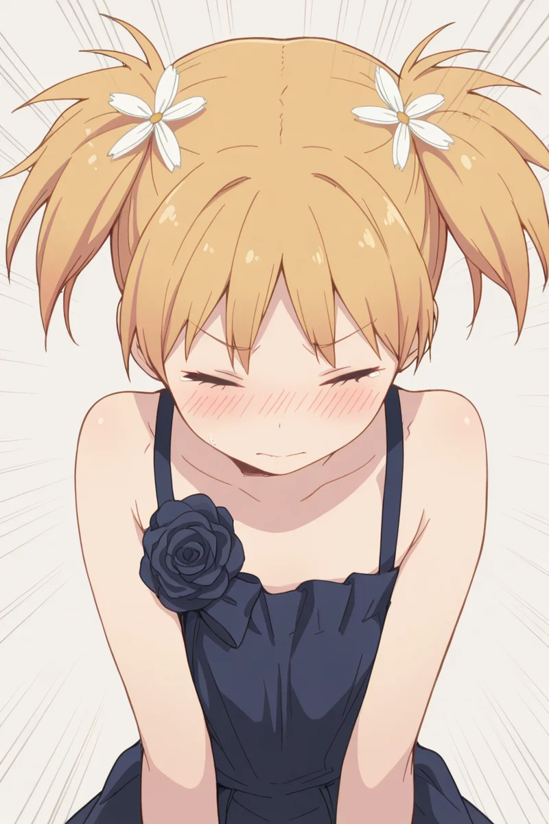 masterpiece, best quality, amazing quality,
<lora:Yuu_IL:1> yuu, 1girl, solo, twintails, closed eyes, dress, flower, hair flower, hair ornament, blush, blonde hair, emphasis lines, short twintails, short hair, dark blue dress, simple background