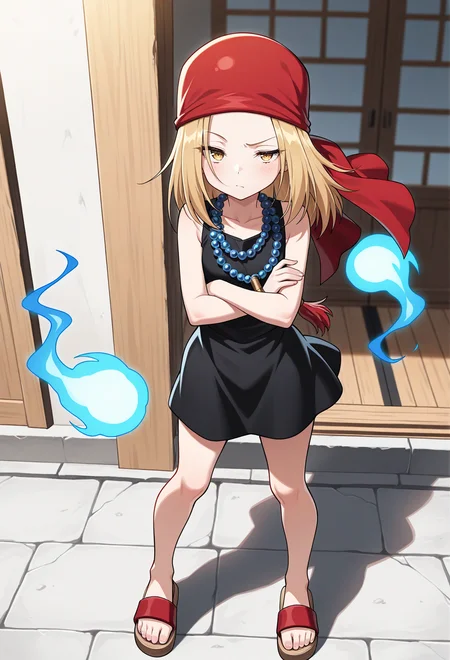 masterpiece, best quality, high quality, anime, solo,
<lora:AEAnna:1> AEAnna, yellow eyes, blonde hair, parted bangs, forehead, bead necklace, black dress, sleeveless dress, sandals, red bandana, standing, legs apart, hitodama, crossed arms, raised eyebrow,