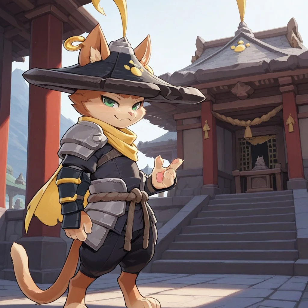 masterpiece, best quality, amazing quality, cr0wnprinc3, male, furry male, anthro, solo, cat, orange fur, two-tone fur, green eyes, pointed ears, ear tufts, pink nose, whiskers, tail, feathered hat, gold piercing, black shirt, yellow scarf, shoulder pad, arm guards, light armor, black pants, standing, smile, looking at viewer, outdoors, temple