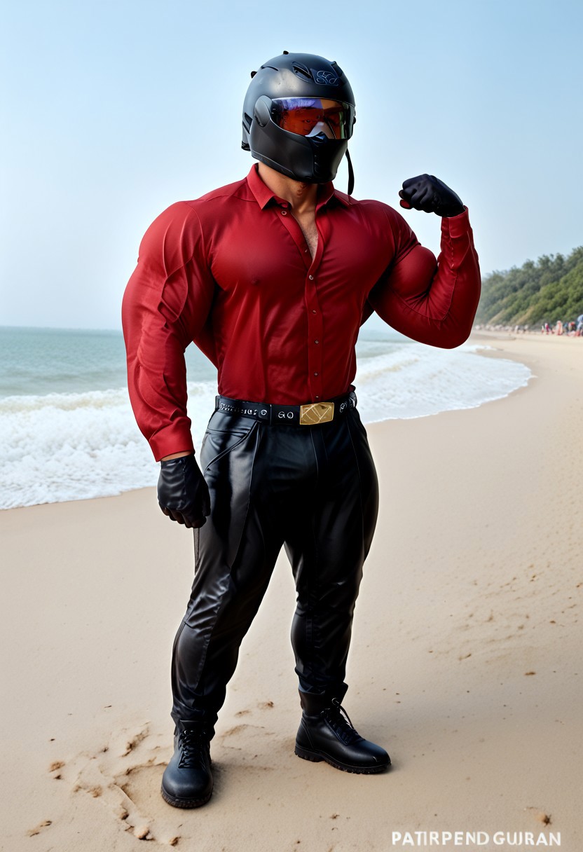 score_9, score_8_up, score_7_up, photo, photorealistic, rating_explicit, (solo:1.1), 1boy, black helmet with tinted visor, muscular male, masculine male, red glossy v neck shirt, black glossy leather blazer suit, formal, glossy pants, belt, skintight, black rubber gloves, black rubber boots, abs, nipples, pecs, flexing, proud, sweaty, outdoors beach, five digits