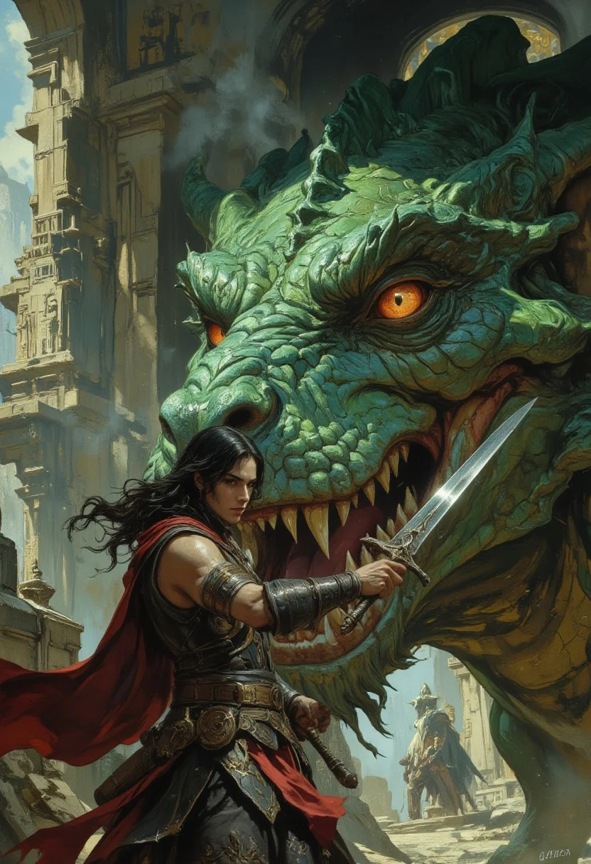 portrait of a barbarian warrior holding a long sword fighting an aggressive humungous green dragon with sharp fangs, ancient temple background, there is a sense of adventure and danger, correct digits, perfect expressive eyes, perfect pupils, otherworldly, interesting color pallet, Stunning visuals, Texture, beautiful face features