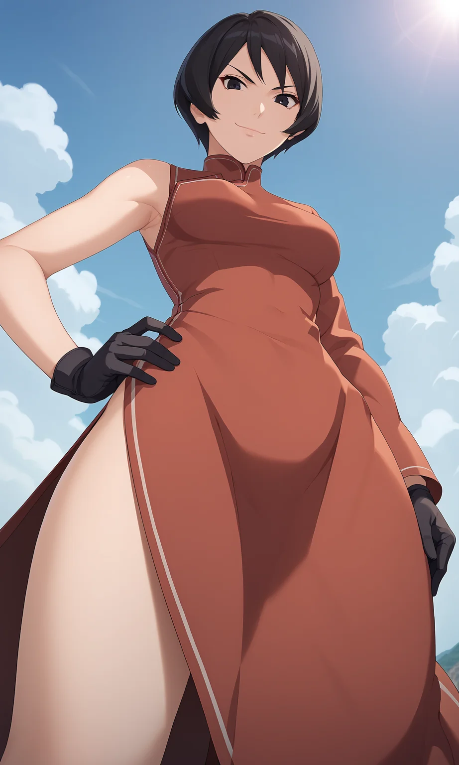 score_9, score_8_up, score_7_up, game cg, 
kurotsuchii, 1girl, looking at viewer, china dress, single sleeve, long sleeve, black gloves, short hair, black hair, black eyes, breasts, red dress, side slit, 
from below, pov, 
hand on hip, 
smile, closed mouth, serious, thighs, 
day, cloud, 
 <lora:kurotsuchi_PXL:1>