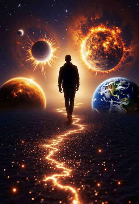 The silhouette of a male person is walking along a trail made of specks of star dust within space. The trail isn't straight. He is the center of the image. He walks past planets that get destroyed in different ways. It should appear like the person walking along the trail is responsible for or at least connected to the destruction of the planets. There are four planets in the image. Two before him and two past him. The two planets before him are exploding or imploding. The two planets behind him are craking open and falling apart.
The image is made in a high-resolution realistic fantasy style. The image should have the qualities of wallpaper.
masterpiece, 32k,