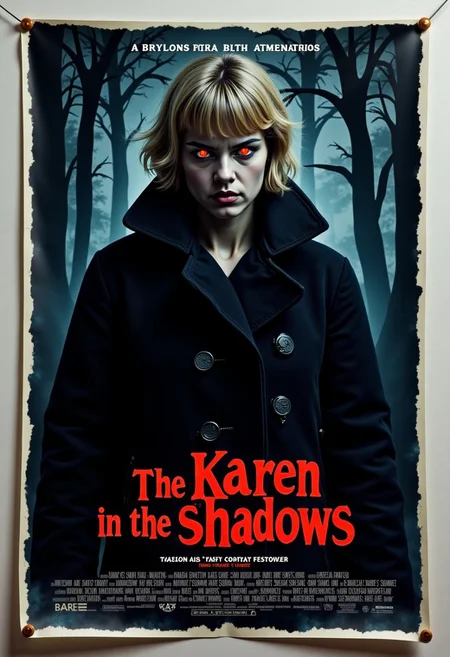 mvpstrCE style, Movie poster pinned on the wall, a big figure in a black coat, Woman karen dark shadows glowing red eyes blonde pixie short hair, serious eyes crazy smile, horror styled, movie titel text: "The Karen in the shadows", night forest trees dark shadows, movie text on the bottom with names