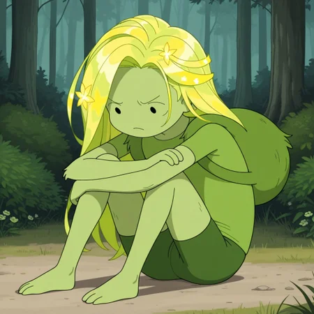 masterpiece, best quality, amazing quality, official style, f3rn, male, solo, humanoid, green body, lime green hair, long hair, flowers in hair, black dot eyes, two toes, barefoot, green shirt, green backpack, short sleeves, green shorts, siting on ground, arms over legs, upset, looking down, outdoors, forest,