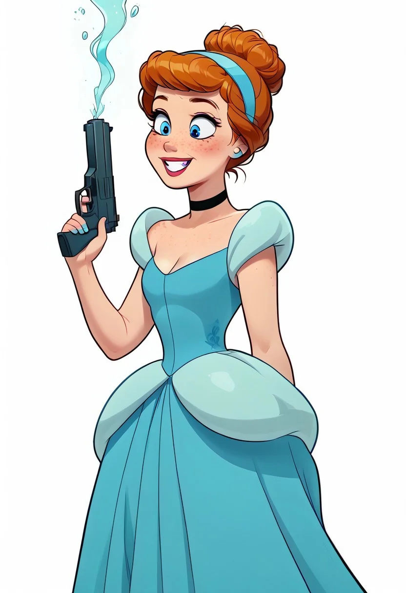 score_9, score_8_up, score_7_up, score_6_up, rating_safe, 1girl, 18yo anna, blue eyes, freckles, hair bun, hairband, makeup, bare shoulders, blue dress, long skirt, princess, choker, cleavage, cutest girl in the world, cutest girl in the world, cute cheeks, thigh gap, petite, freckles, freckled girl, bubble butt, kinky, adorable, petite, round face, skinny, smiling, adorable, holding pistol with a silencer, CinderellaXLP
dark alley background, detailet background