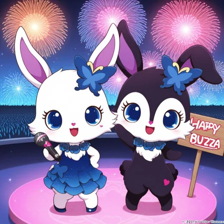 best quality, masterpiece, Full Body, Romantic, Small, Body, Furry, BREAK, rubyjp, no humans, 1girl, rabbit, chibi, furry, hair ornament, necklace, jewelry, chest fur, white fur, BREAK, 1girl, luea, feral, solo, blue eyes, rabbit, furry, rabbit ears, black fur, purple inner ear, white chest fur, white face, chibi, body fur, (blue butterfly hair ornament), (blue rose necklace), on stage, fireworks, singing, microphone, Fancy sparkling blue dress, buzz music, sign, sign written buzz music, the sign said buzz music, text say buzz music, duo, duo girls, pose, posing