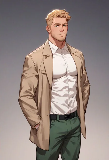 score_9, score_8_up, score_7_up, solo male, Reiner Braun, blond hair, short hair, (facial hair, stubble:1.1), hazel eyes, tall, white collared shirt, light-brown trench coat, (open coat:1.1), military green pants, black combat boots, handsome, charming, alluring, standing, upper body, perfect anatomy, perfect proportions, best quality, masterpiece, high_resolution, dutch angle, cowboy shot, photo background