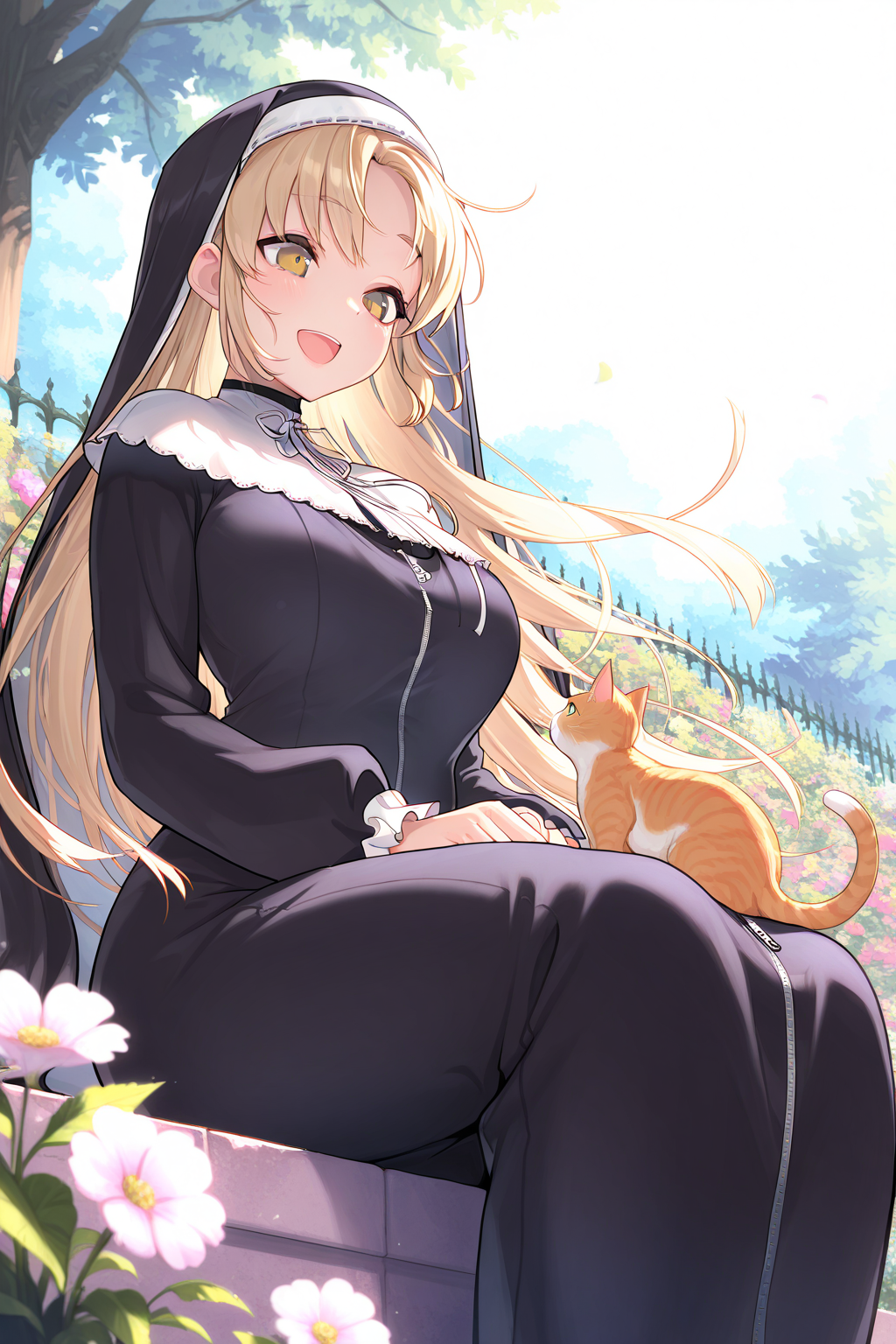 1girl, SisterClaireNijisanji,
general, solo, dynamic angle, from below,
habit, nun, full-length zipper, large breasts,
sitting, \:D, looking at animal, cat,
spring, garden, wind, flower, 
<lora:kp_SisterClaireNijisanji1stCostumeIllustrious_v1_0:1.0>,
masterpiece, best quality, amazing quality