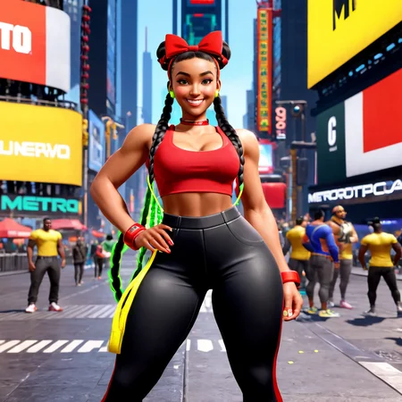 a woman wearing red outfit, kimberly, braids, yellow straps, green earphones, holding spray paint, black hair, tight pants, sneakers, hair bow, walkman, best quality, looking at viewer, <lora:sf6sdxl:0.9>, sf6sdxl, dark skin, times square, metro city, smile, game cg,