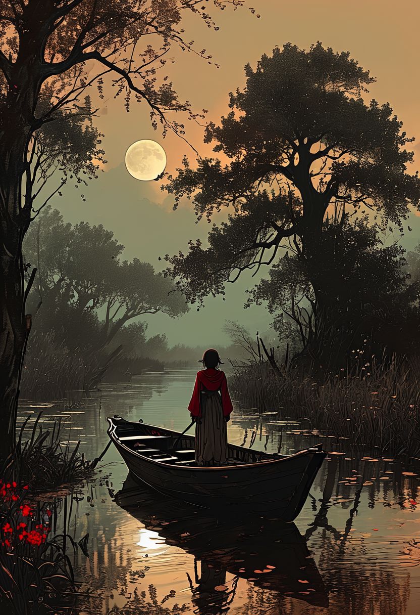 linquivera,  Ink illustration, (anime:0.5), brown tones, aged black red paper, inkpunk, moonlight,surreal, a ghost standing on a boat in swampy wetlands, (at a distance), Will-o'-the-wisp, moonlit, lonely, solitude, windy, tall trees, willows, willowy,  OverallDetail, extremely detailed, UHD,(long exposure , dystopian but extremely beautiful:1.4),