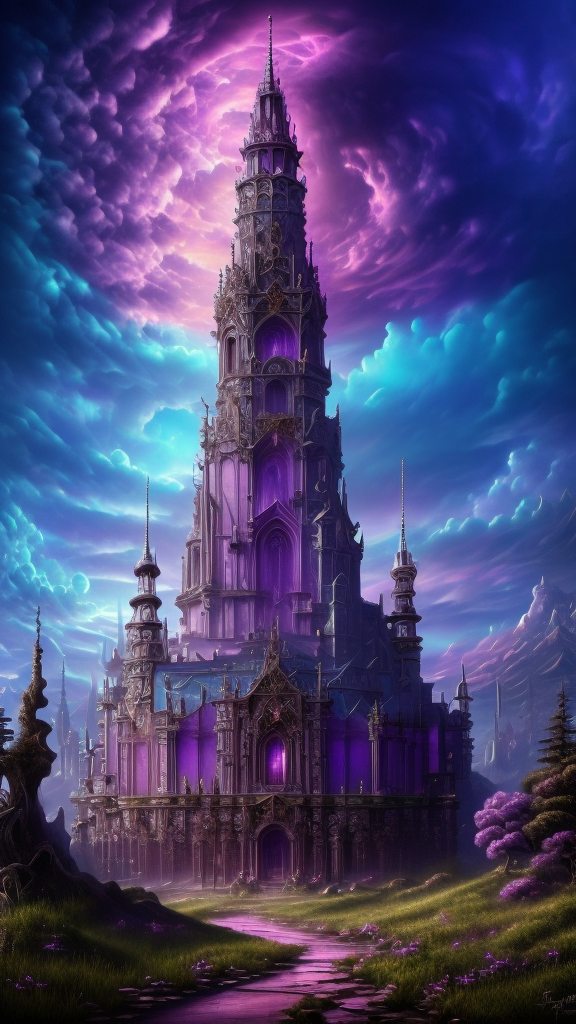 Gothic style, 
neonpunk style, 
ethereal fantasy concept art of  
Masterwork Painting, Magnum Opus, 
 <lora:Wizard_Tower:0.75> witow, castle, cloud, cloudy sky, grass, no humans, scenery, sky, tower, tree, <lora:Fantasy_Mountains:0.75> fanmou, footprints, forest, grass, nature, no humans, outdoors, sky, tree,
  highres, 8k, uhd, High Dynamic Range, tonemapping, crisp details,  intricate details, fine details,
. magnificent, celestial, ethereal, painterly, epic, majestic, magical, fantasy art, cover art, dreamy,
. cyberpunk, vaporwave, neon, vibes, vibrant, stunningly beautiful, crisp, detailed, sleek, ultramodern, magenta highlights, dark purple shadows, high contrast, cinematic, ultra detailed, intricate, professional,
. Dark, mysterious, haunting, dramatic, ornate, detailed