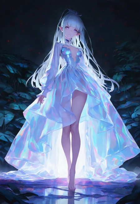 masterpiece, best quality, amazing quality, very aesthetic, absurdres, newest, 1girl, blunt bangs, high ponytail, silver hair, pointy ears, in the depths of a bioluminescent alien jungle, [evangelion:cyberpunk edgerunners:0.5], reflective transparent iridescent opaque clothing, long sleeves, flowing dress, long skirt, very aesthetic, highres, 4k, 8k, intricate detail, cinematic lighting, amazing quality, amazing shading, detailed Illustration, official artwork, wallpaper, official art, extremely detailed eyes and face, beautiful detailed eyes, from below, full body, thigh gap, BREAK <lora:ponyv4_noob1_2_adamW-000017:0.7000000000000001> <lora:USNR_STYLE_XL_lokr:0.45>