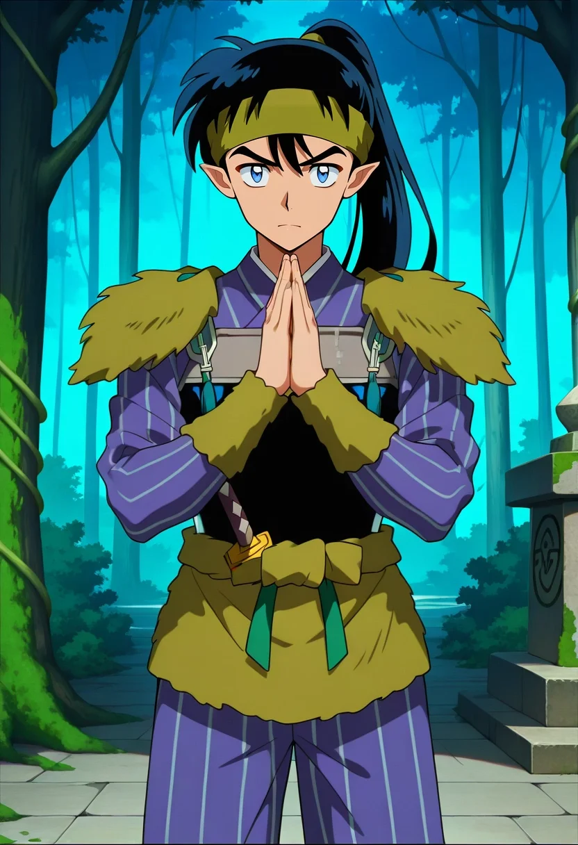 masterpiece, best quality, anime screencap, anime coloring, official style, looking at viewer, 1boy, solo, male focus, <lora:kouga_inuyasha_ilxl:0.92>, kouga_inuyasha, black hair, blue eyes, long hair, ponytail, pointy ears, headband, armor, forest temple, moss walls, vine columns, stone altar, praying pose, peaceful expression, morning light, Indigo Bermuda shorts, Pinstripe Graphic long-sleeve shirt, , ,, retro artstyle