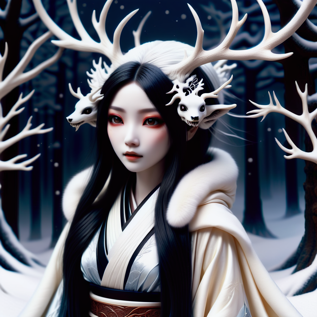hyper detailed masterpiece, dynamic, awesome quality, DonMR31nd33rXL pixie, japanese snow ghost, female, cold ethereal beauty, white kimono, long black hair, pale skin, haunting eyes,  winter, snow, haunting, supernatural, stygical, demonic expression <lora:DonMR31nd33rXL-000008:1>