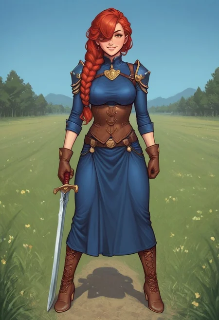 1girl, illustration, looking at viewer, highly detailed, from front, 1girl, illustration, looking at viewer, highly detailed, source_comic_illustrationskinny, looking at viewer, 1girl, masterpiece, best quality, Her , full body portrait, 1girl, <lora:agrias-nvwls-v3:1> agrias, armor, corset, blue dress, brown gloves, weapon, cross-laced boots, looking at viewer, sidelocks, braided ponytail, yellow eyes, Romance, sci-fi, artificial intelligence, highly detailed
BREAK
slight smile, looking at viewer,
BREAK
long hair, red hair, hair over one eye, big hair,
BREAK
best quality, depth of field, bokeh, (((full clothed))) (best quality, high detail), ((masterpiece)), ((ready to fight, holdind big sword in hands)), <lora:1_ino_20e:1>
BREAK
((((field, farm)))) score_9, score_8_up, score_7_up, score_6_up, source_cartoon, rating_explicit, Expressiveh, (((((full body))))), dynamic pose