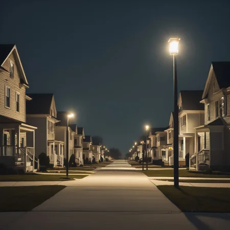 liminal, suburban,
4 story buildings, night, street lamp,
driveways, ticket booths, lineup,
3 houses,
architecture, no humans,
driveways, sidewalks, lamps, depth of field,