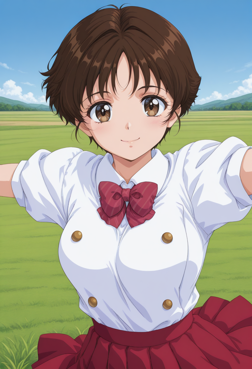 fr_fuzisaki_mika, brown eyes, brown hair, short hair, school uniform, bowtie, white shirt, collared shirt, short sleeves, red skirt, <lora:fr_fuzisaki_mika_illustrious_ver2:0.8> 
smile, cowboy shot,, masterpiece, best quality, sensitive,, 1girl, solo, blue sky, (grasslands:1.2), looking at viewer,, (dynamic pose:1.4),