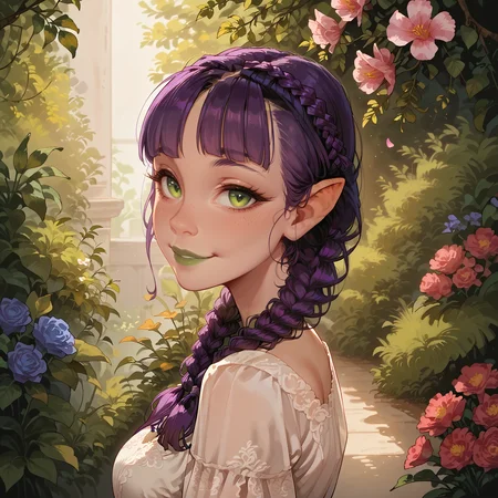 score_9, score_8_up, score_8, score_7_up,score_7, source_anime, rating_explicit, hires, (detailed,best quality:1.2),(<lora:Expressive_H:0.3>), (<lora:JGStyle:0.5>),(<lora:incase-ilff-v3-4:0.7>), 1girl, (skinny:1.3), narrow waist, thin, slender,(<lora:oppai_v0.1-pony:0.8>) , medium breasts, <lora:French_Braids:0.9>, frbraids, , purple hair, green eyes, pointy ears, portrait, short hair, hair flower, lace, smile, neat hair, exquisite dress, <lora:Looking_over_shoulder:0.8> , ovrshldr, from side, looking over shoulder, green garden, flower petals, expresssive light, cinematic, golden skin, looking at viewer, blunt bangs,