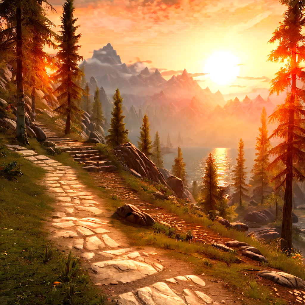 Masterpiece,absurd resolution,8k,high resolution,
 <lora:SkyrimLandscapes:0.8>,
skyrimlandscapes, scenery, no humans, tree, outdoors, sunset, nature, rock, sky, grass, forest, mountain, path, landscape, sun