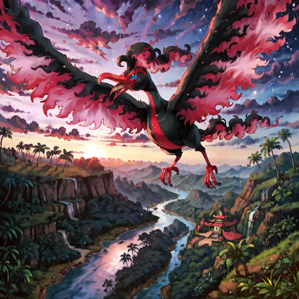 score_9, score_8_up, score_7_up, score_6_up, pokemon (creature), galarian_moltres, bird, avian, blue eyes, flying over Mayan temple in the jungle and a river, sunrise, dark sky, stars, shooting star, cinematic, dynamic angle, realistic, photorealistic surrealist, fine details, ultra realistic, very detailed, 4k HDR highly detailed reflections, <lora:POKEMON_GALARIAN_MOLTRES:1>