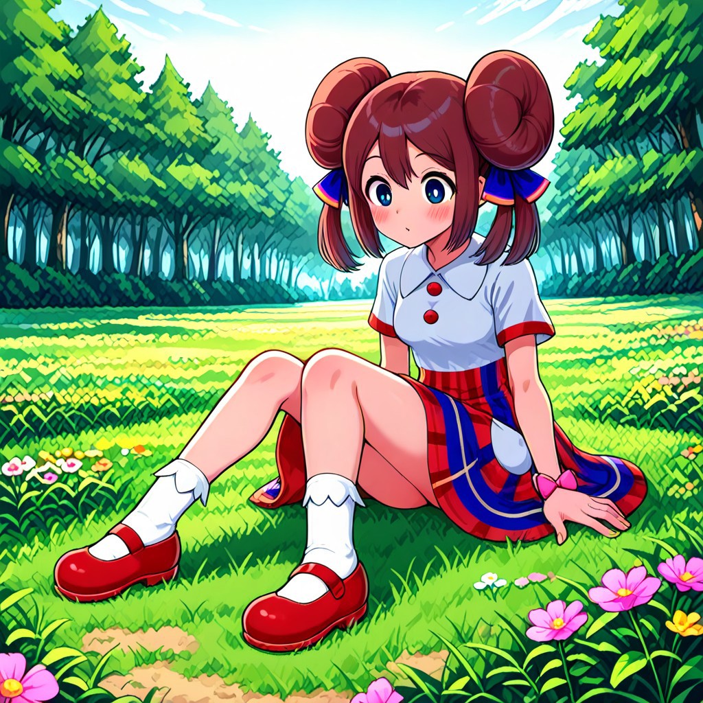 [hinosaki, leveen], masterpiece, best quality, amazing quality, 1girl, solo, sitting, meadow, sunny, sky,,rosalnb, brown_hair, blue_eyes, hair_ribbon, double_bun, twintails, dress, collared_shirt, white_shirt, red_skirt, multicolored_clothes, short_sleeves, red_buttons, white_pockets, pink_bracelet, ribbon_bracelet, knees, white_socks, red_footwear, mary_janes