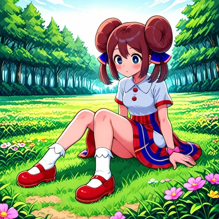 [hinosaki, leveen], masterpiece, best quality, amazing quality, 1girl, solo, sitting, meadow, sunny, sky,,rosalnb, brown_hair, blue_eyes, hair_ribbon, double_bun, twintails, dress, collared_shirt, white_shirt, red_skirt, multicolored_clothes, short_sleeves, red_buttons, white_pockets, pink_bracelet, ribbon_bracelet, knees, white_socks, red_footwear, mary_janes