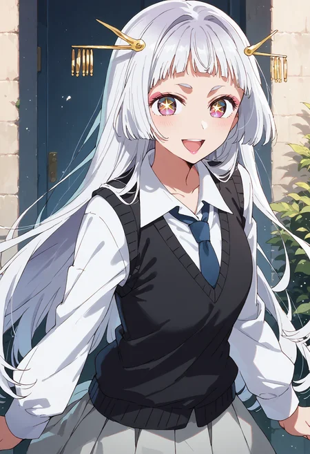score_9, score_8_up, score_7_up, , score_ANIME,sayahime, 1girl, , solo, , very long hair, looking at viewer, hime cut, ,,, hair ornament, purple eyes,, white hair, short eyebrows, blunt bangs,eyeshadow, pink lips, <lora:kurokawaakane_pony2:0.8> cowboy shot, black vest, white shirt, long sleeves, grey skirt, miniskirt, blue necktie,smile, open mouth, star-shaped pupils,