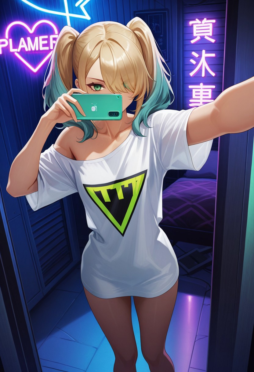 1girl, solo, green eyes, two-toned hair, blonde hair, aqua hair, long twintails, hair over one eye, slender body, small breasts, long oversized T-shirt, gamer girl, one bare shoulder, losing shirt, bare legs, one arm out selfie, sexy pose, dynamic angle, detailed background, gamer room, night, neon lights, shadows, highly detailed