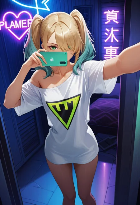 1girl, solo, green eyes, two-toned hair, blonde hair, aqua hair, long twintails, hair over one eye, slender body, small breasts, long oversized T-shirt, gamer girl, one bare shoulder, losing shirt, bare legs, one arm out selfie, sexy pose, dynamic angle, detailed background, gamer room, night, neon lights, shadows, highly detailed