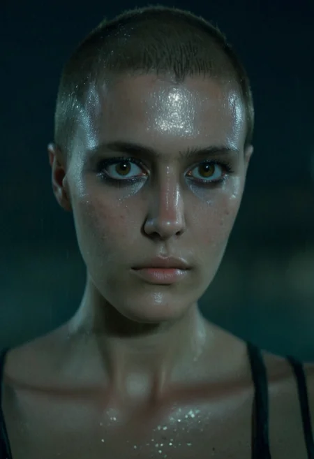 Buzzcut, no hair, bald, Blade Runner style, cinematic film still, (Skin Texture, pores, natural,iPhone,RAW)), natural lighting, Highest Quality closeup Portrait photo of a woman with a ((buzzcut)), silver eyes, Nikon Z9, realistic matte skin, blurry city in the background, at night, moody, epic, gorgeous, 8K,