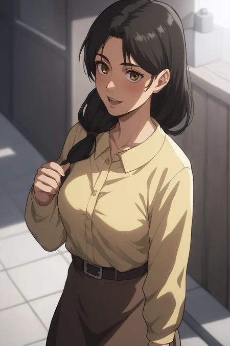 score_9, score_8_up, score_7_up, BREAK source_anime, <lora:carla yeager-PonyXL-lora-Faxtron:0.8> carla yeager, tucked-in yellow shirt, long sleeves, brown skirt,