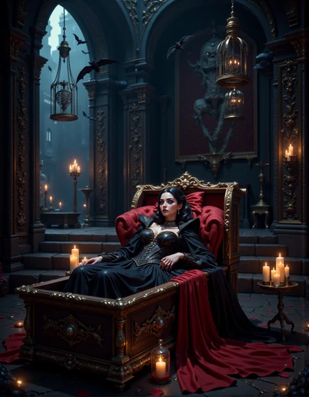 pinketherealmj, aidmaimageupgrader, a hanging cage with a human skeleton inside, vampire in a (oversized wooden coffin:2) at center sleeping eyes closed, shadowy castle, a dark chamber is illuminated by flickering candles that cast eerie shadows on stone walls adorned with tapestries of lost battles, bats flying in the room. Blood red potion on the table, light streaming down from the roof. At the center lies a beautifully carved coffin surrounded by candles with an open lid, revealing a vampire nestled within luxurious red velvet. Her makeup is heavily stylized, with a pale face, dramatic dark eyeshadow, dark eyeliner, dark red lipstick. She wears a black, long-sleeved costume or outfit that is reminiscent of Victorian-era or fantasy clothing. The costume features a high, dramatic collar. There's a large red bow that sits prominently at the top of a corset-style bodice, emphasizing the juxtaposition of red against the dark clothing, dramatic shadows, epic fantasy, 8k high resolution, ray tracing, volumetric lighting
 <lora:PinkieEtherealMJFLUX-v2.0:0.7> <lora:DarksunRIDDV3:0.4> <lora:aidmaImageUpgrader:0.5>