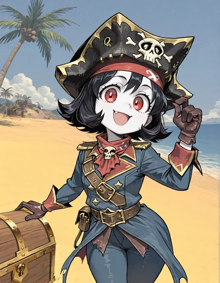 (2D,masterpiece,best quality,amazing quality, high resolution,looking at viewer,ultra-detailed,1 girl,solo,source_anime,cute,curvy,lovely,beach,palm tree),Vampire Fleet Captain,pale skin,black hair,open mouth,fang,smile,bicorne,red eyes,pale skin,cyan coat,leather belt,skull decorated pirate hat,glove,Shortstack,red bandana,red scarf,flipped hair,tareme,treasure chest,hat tip,pants,<lora:Vampire_Fleet_Admiral:1> ,<lora:ValbunStyle-IL:0.7>