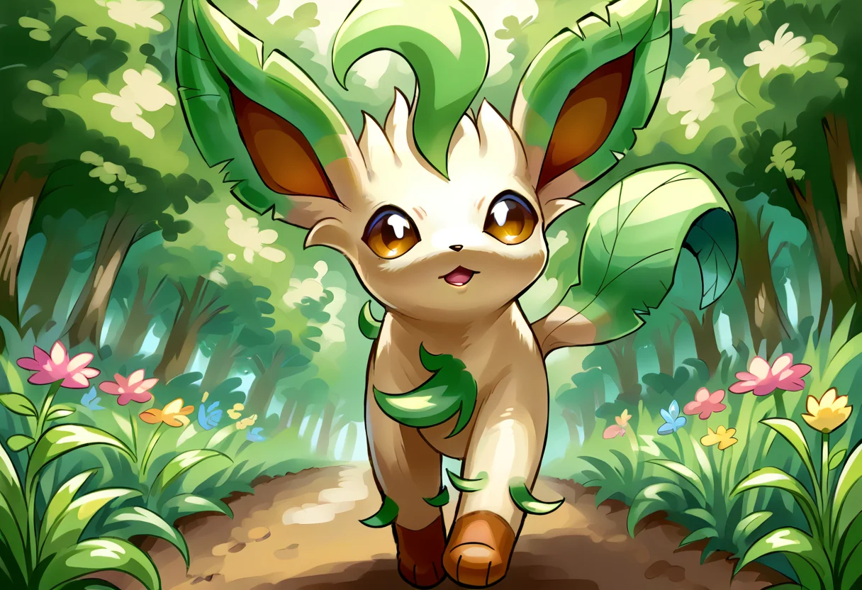 score_9, score_8_up, score_7_up, source_anime BREAK
L34F30N, long ears, brown eyes, tan body, dark brown paws, green body sprouts, green leafy ears, green leafy tail, brown nose, quadraped, brown inner ears, solo
looking at viewer, head tilt, mouth open, walking towards viewer
background: forest, sunbeam, river, butterflies, grass, wildflowers
<lora:Leafeon:1>