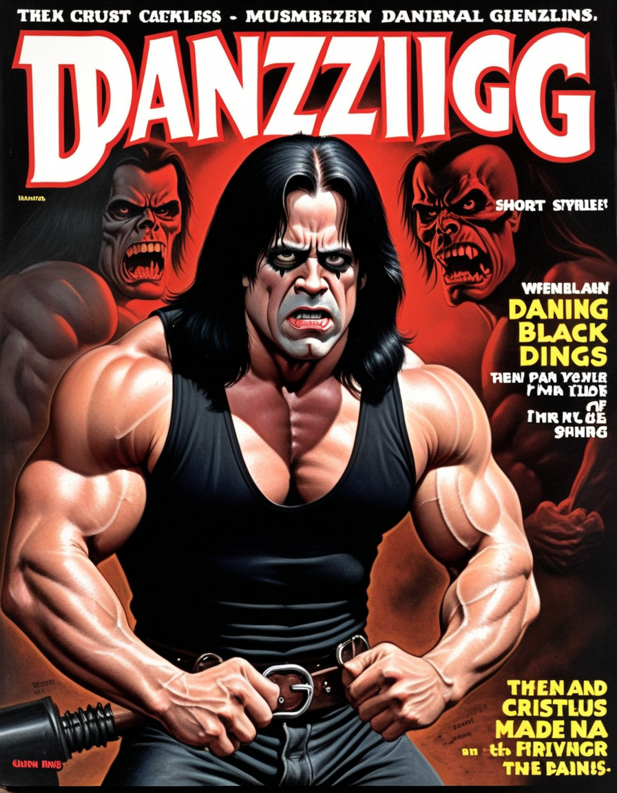 hud_plp_mag, (english text title, "DANZIG"), Glenn ((Danzig)), short, muscular man, long black hair, sleeveless black muscle shirt, angry, gothic, retro artstyle, magazine cover, parody, <lora:pulp_mag_xl:0.6>,